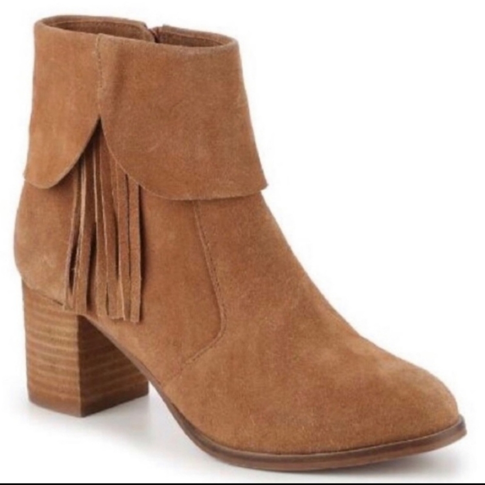 COCONUT BY MATISSE KIM TAN SUEDE FRINGE BOOTIES SIZE 7.5